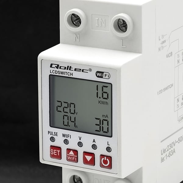 Qoltec 63A DIN-skinnerelæ med elmåler, timer, Tuya og Wi-Fi