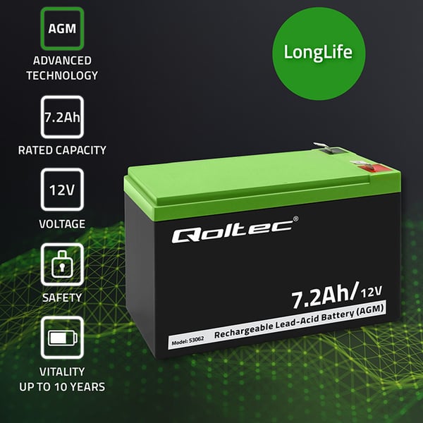 Qoltec AGM-batteri 12V 7,2Ah vedligeholdelsesfrit til UPS og sikkerhed