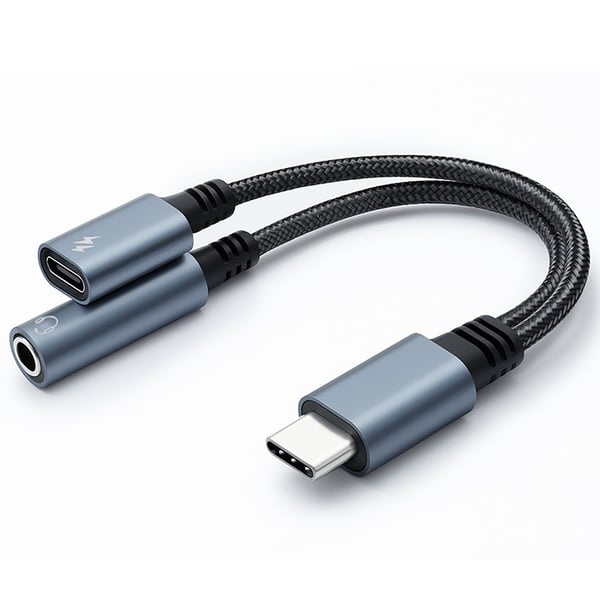 Qoltec Adapter 2in1 USB-C | USB-C | Jack 3,5 mm | PD 15W | 10 cm | Aluminium