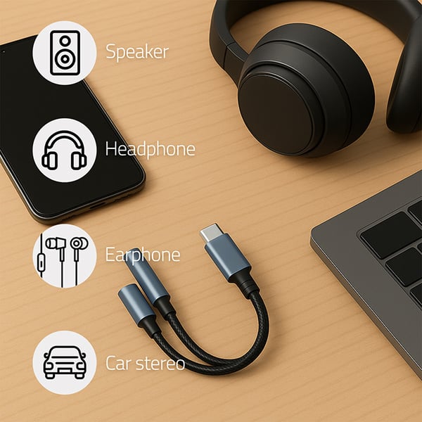Qoltec Adapter 2-i-1 USB-C | USB-C | Jack 3,5 mm | PD 15W | 10 cm | Aluminium