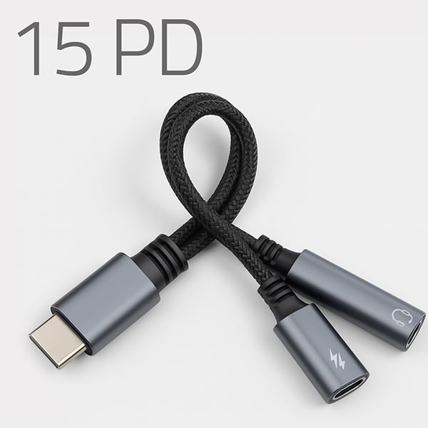 Qoltec Adapter 2-i-1 USB-C | USB-C | Jack 3,5 mm | PD 15W | 10 cm | Aluminium