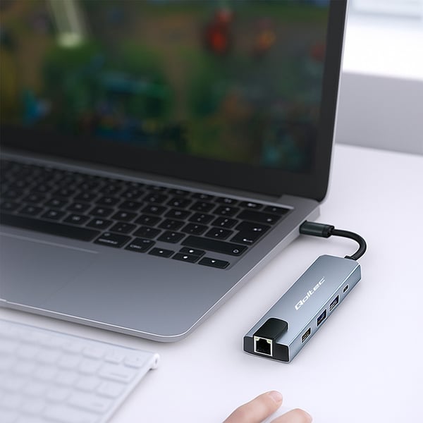 Qoltec USB-C hubbadapter 5-i-1 med USB-C PD 100W, 2x USB, HDMI 4K och RJ45