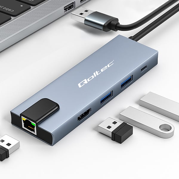 Qoltec USB-C hubbadapter 5-i-1 med USB-C PD 100W, 2x USB, HDMI 4K och RJ45