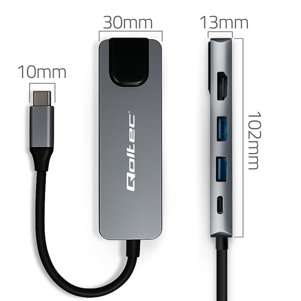 Qoltec USB-C hubbadapter 5-i-1 med USB-C PD 100W, 2x USB, HDMI 4K och RJ45