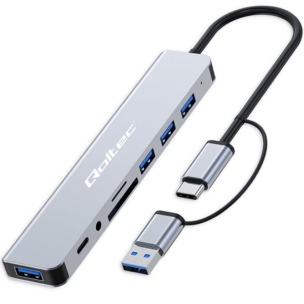 Qoltec Hub Adapter 8in1 USB-C/USB med 4x USB, SD/TF-kort læser og 3,5 mm JACK