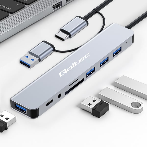 Qoltec Hub Adapter 8in1 USB-C/USB med 4x USB, SD/TF-kort læser og 3,5 mm JACK