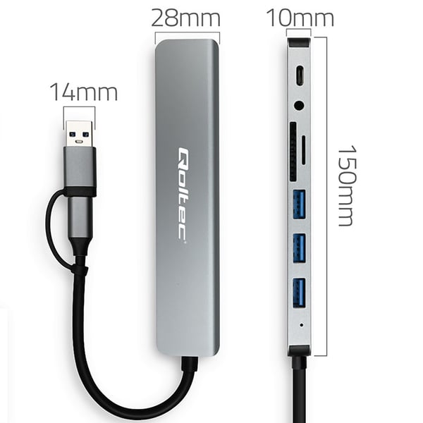 Qoltec Hub Adapter 8in1 USB-C/USB med 4x USB, SD/TF-kort læser og 3,5 mm JACK