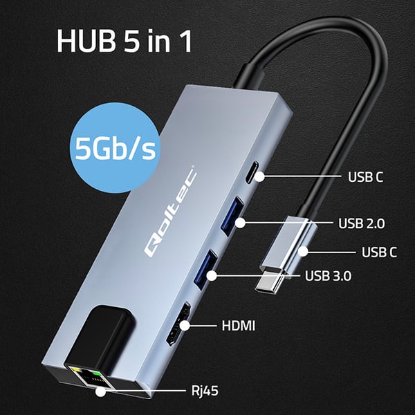 Qoltec USB-C hubbadapter 5-i-1 med USB-C PD 100W, 2x USB, HDMI 4K och RJ45