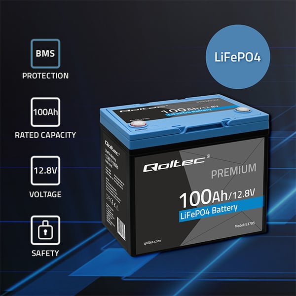 Qoltec LiFePO4 litiumjärnfosfatbatteri 12,8V 100Ah 1280Wh med BMS