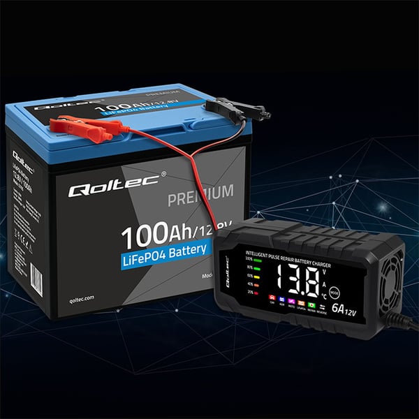Qoltec LiFePO4 litiumjärnfosfatbatteri 12,8V 100Ah 1280Wh med BMS