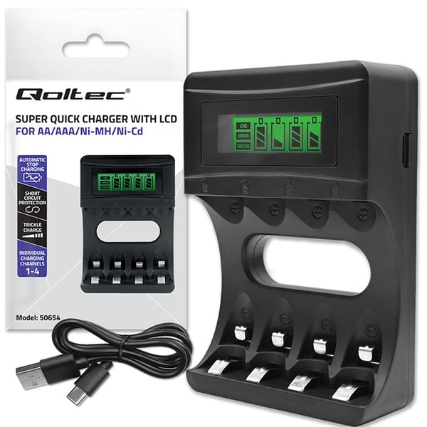 Qoltec NiMH -akkulaturi tyyppi R03 AAA R6 AA | LCD-näyttö | USB-kaapeli