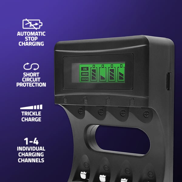 Qoltec NiMH-batteriladdere til R03 AAA og R6 AA-batterier med LCD-display og USB-kabel