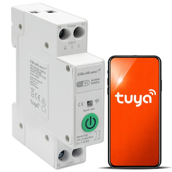 Qoltec 63A DIN-skinnerelæ med elmåler, TUYA, Wi-Fi og Smart Life