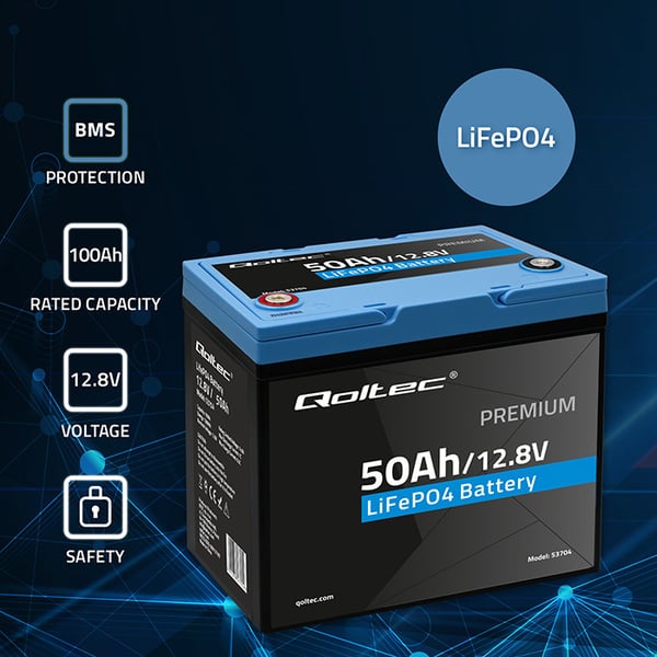 Qoltec LiFePO4 lithiumjernfosfatbatteri 12,8V 50Ah 640Wh med BMS