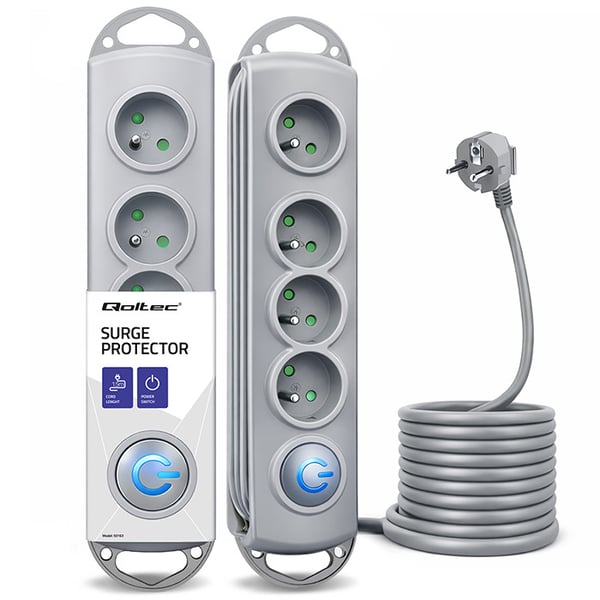 Qoltec overspendings-stikdåse med 4 udtag, 1,5 m kabel, grå