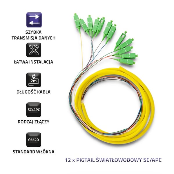 Qoltec 12 x fiberkabel pigtail SC/APC singelmod G652D 2m