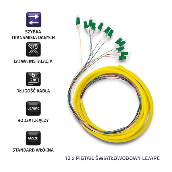 Qoltec 12 x Kuituoptinen Pigtail LC/APC | Yksimuoto | G652D | 2m