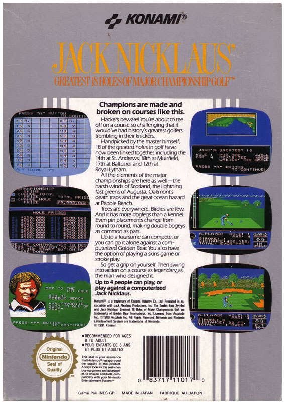 Jack Nicklau´s Golf Greatest 18 Holes of Major Championship Golf - Nintendo 8-bit/NES - PAL B/SCN (BRUKT VARE)