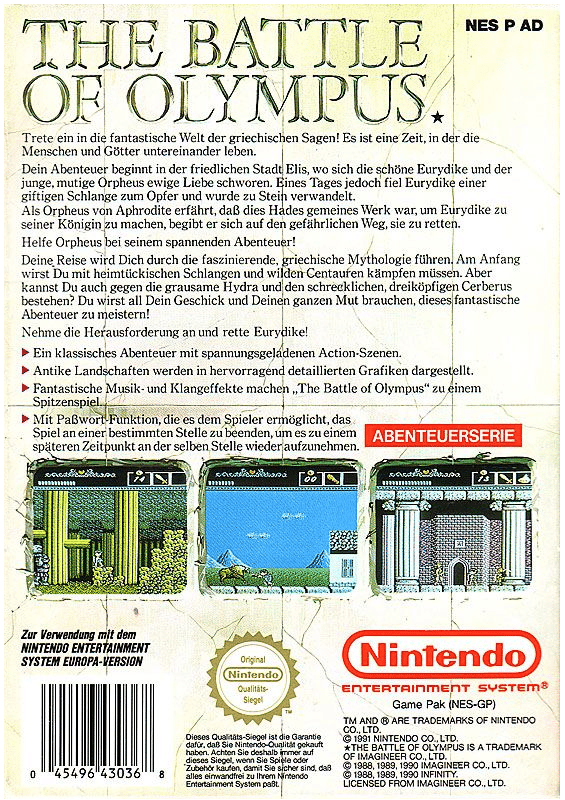 The Battle of Olympus - Nintendo 8-bit/NES - PAL B/SCN (BRUKT VARE)