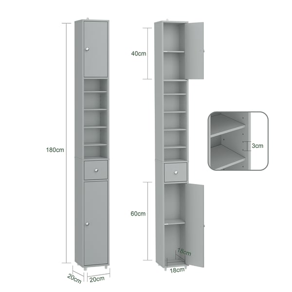 SoBuy Smalt højskab - Vandafvisende| Grå Højskab 20x20x180cm BZR34-II-HG
