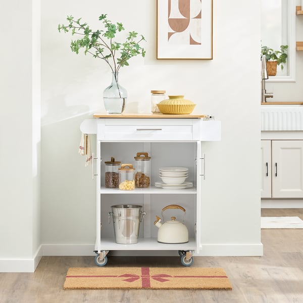 SoBuy Køkkenvogn i bambus – Rullevogn med skuffer og skabe| Hvid 83x46x91cm FKW13-II-WN