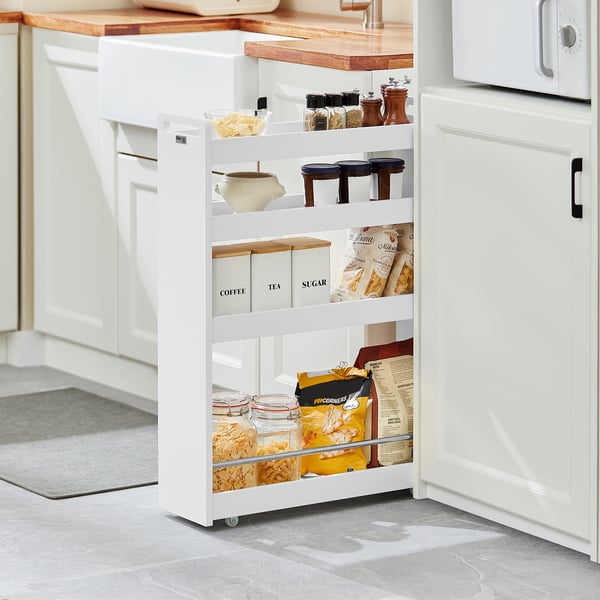 SoBuy Förvaringshylla med Hjul – 4 Hyllor | Vit 60x18x82cm NSR01-W