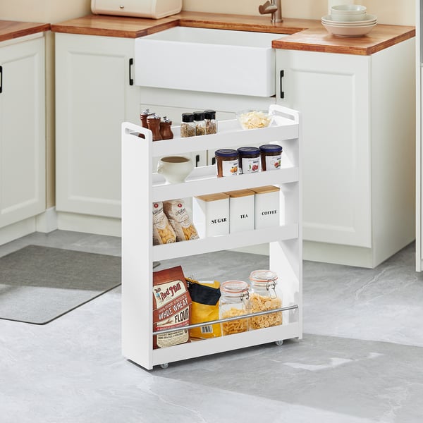 SoBuy Förvaringshylla med Hjul – 4 Hyllor | Vit 60x18x82cm NSR01-W