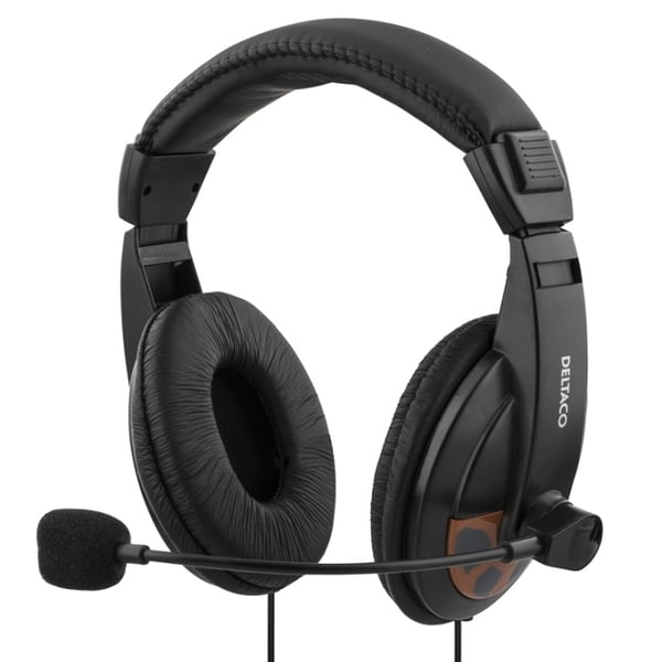 DELTACO, Headset med mikrofon och volymkontroll 2,5m kabel, svart