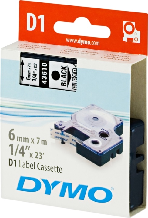 DYMO D1 etikettbånd standard 6 mm, svart på transparent, 7 m rull (43610)