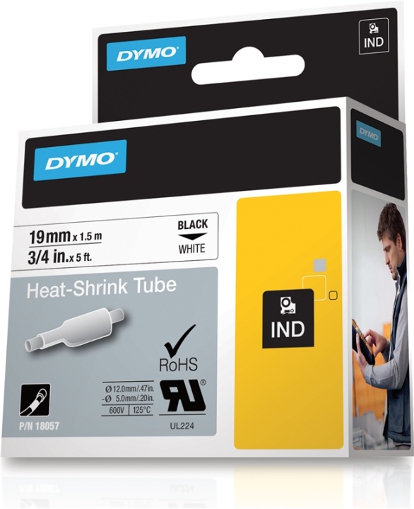 DYMO RhinoPRO merkebar krympeslange 19mm, svart på hvitt, 1.5m rull