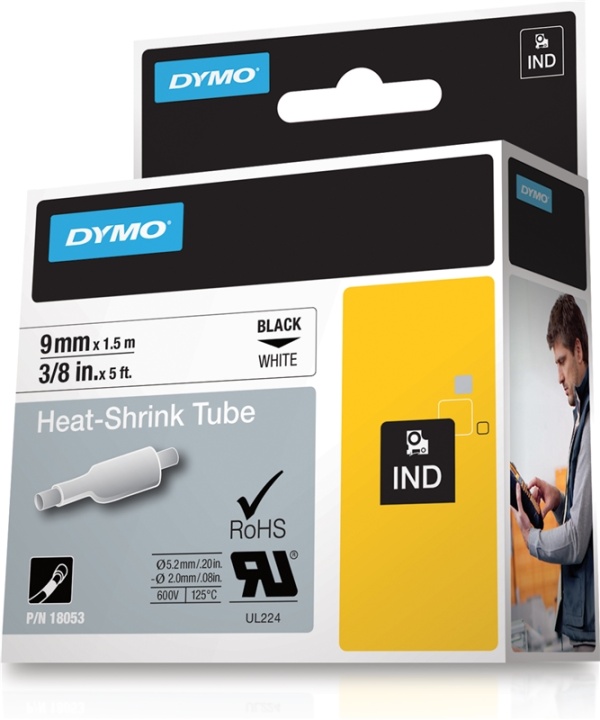 DYMO RhinoPRO krympeslange 9mm, svart på hvitt, 1.5m rull DYMO RhinoPRO krympeslange 9mm, svart på hvitt, 1.5m rull