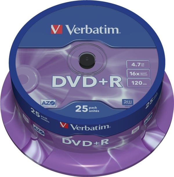 Verbatim DVD+R, 16x, 4,7 GB/120 min, 25-pakning spindel, AZO (43500)