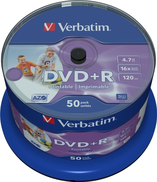 Verbatim DVD+R, 16x, 4,7 GB/120 min, 50-pakning spindel, AZO, utskrivbar (43512)