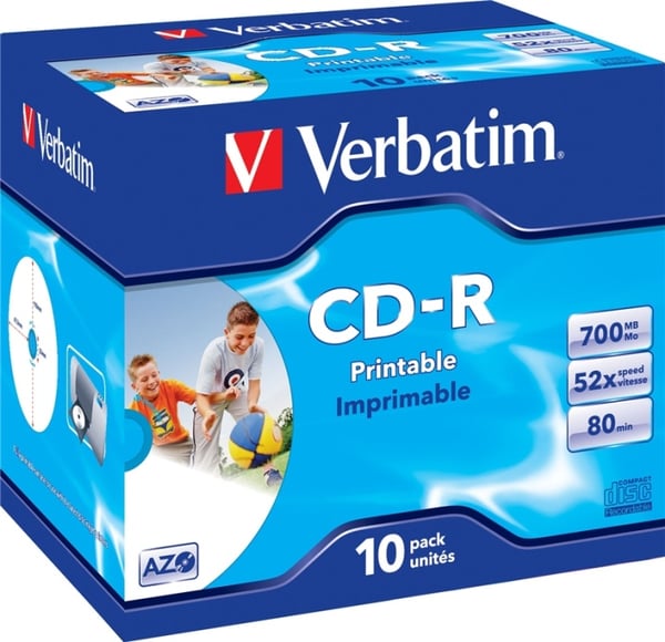 Verbatim CD-R, 52x, 700 MB/80 min, 10-pk, jewel case, AZO, printbar (43325)