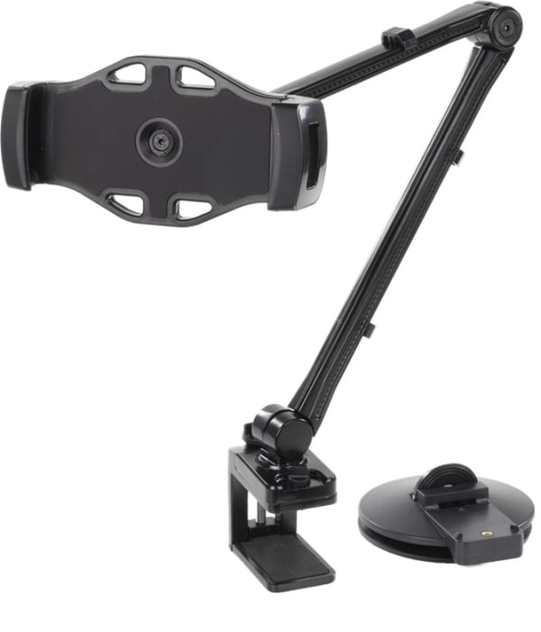 DELTACO 2-in-1 smartphone/tablet stand, suction cup, clamp, black