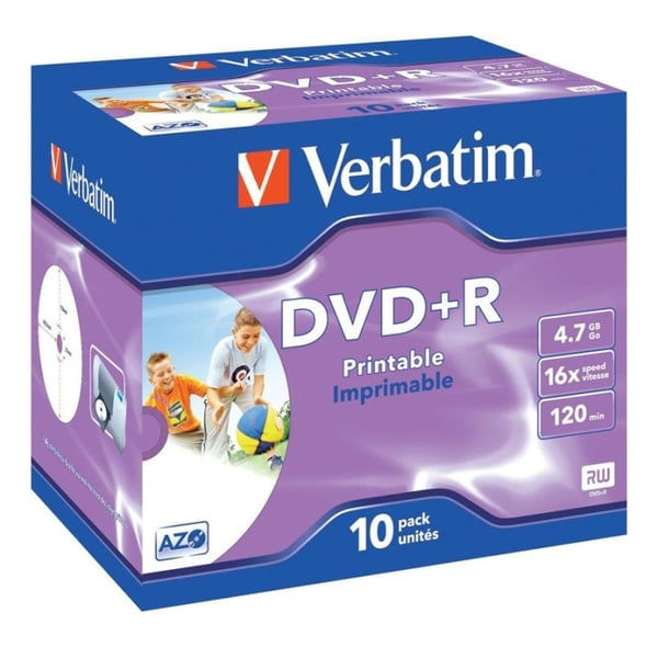 Verbatim DVD+R, 16x, 4,7 GB/120 min, 10-pk. jewel case, AZO, utskrivbar