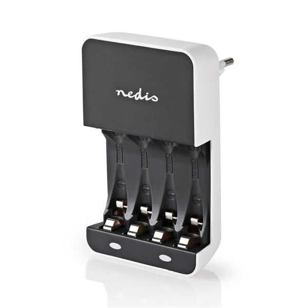 Nedis NiMH batterilader AA / AAA | 1.2 V DC | Trickle lader | Euro / Type-C (CEE 7/16) | Energitype for batteri: AA / AAA | Hvit / Sort