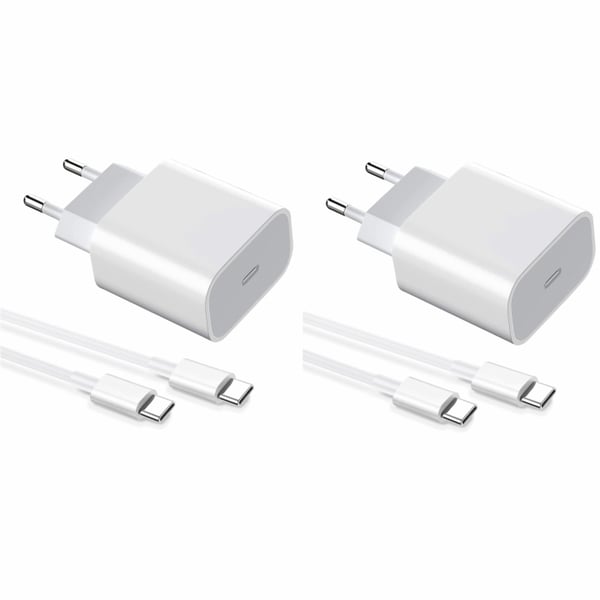 2-pak oplader til iPhone 15 / 16/ 17 / Android 20W med USB-C til USB-C - hurtigoplader