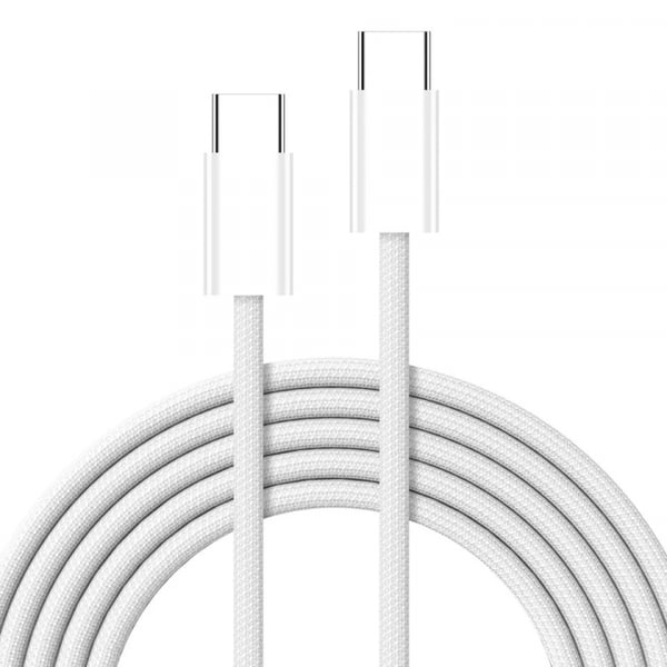 Flettet USB-C til USB-C lade- og synkroniseringskabel, 1,5 m, 5A, hvit