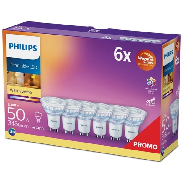 Philips 6-pakning LED GU10 50W dimbar WarmGlow