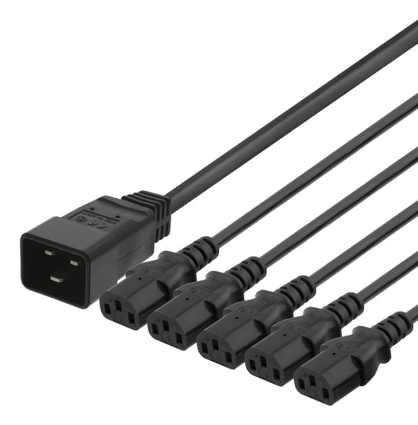 DELTACO Apparatkabel IEC C20 - 5x IEC C13, 1m, 16A/250V, Y-splitter, svart