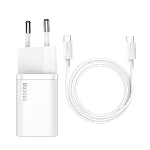 Baseus vegglader Super Si PD 25W 1x USBC + USB-C - USB-C-kabel, hvit