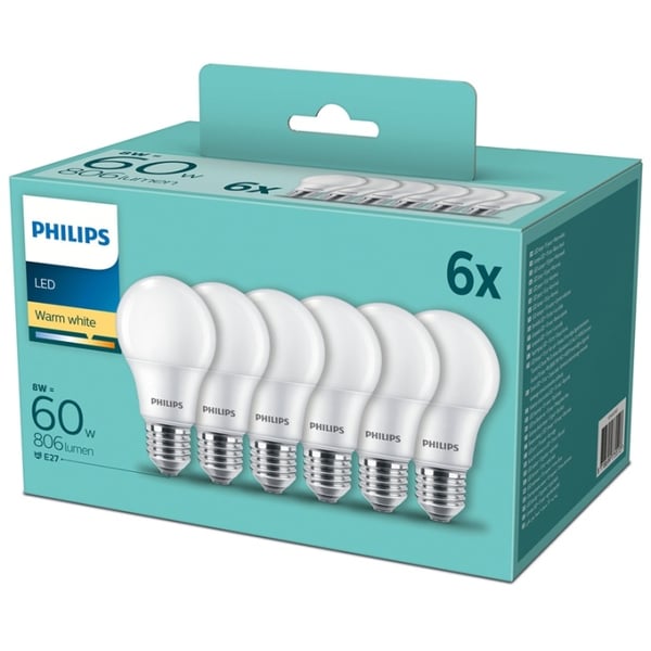 Philips 6-pakning LED E27 Normal Frost 60W 806lm