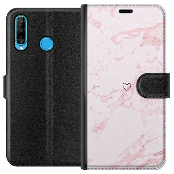 Lompakkokotelo Huawei P30 lite-laitteelle, jossa on Roosa Sydän kuvio