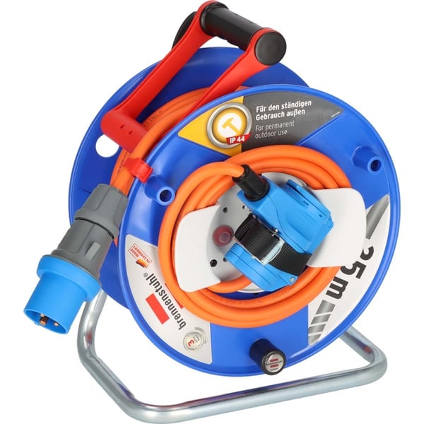 CEE kabeltromle med 23+2m RN kabel i orange (camping kabeltromle med CEE hjørne kobling inkl. fatning + CEE stik, til udendørs brug)
