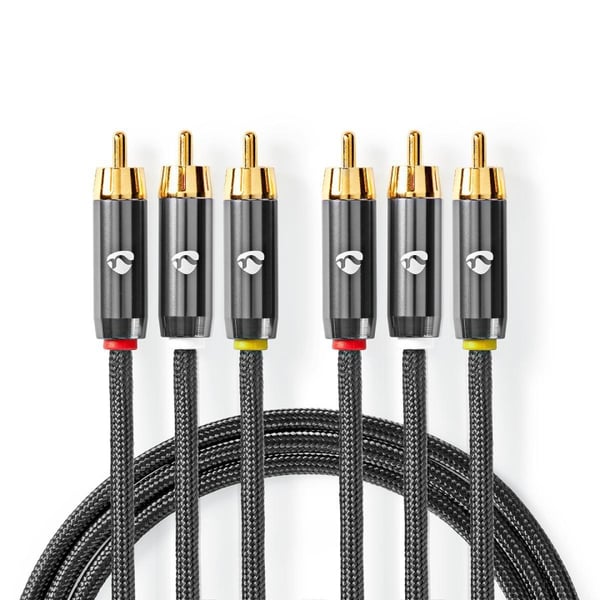 Nedis Komposit videokabel | 3x RCA Hane | 3x RCA Hane | Guldplaterad | 480p | 2.00 m | Rund | Bomull | Antracit / Grått Med Metall | Kartong med täckt