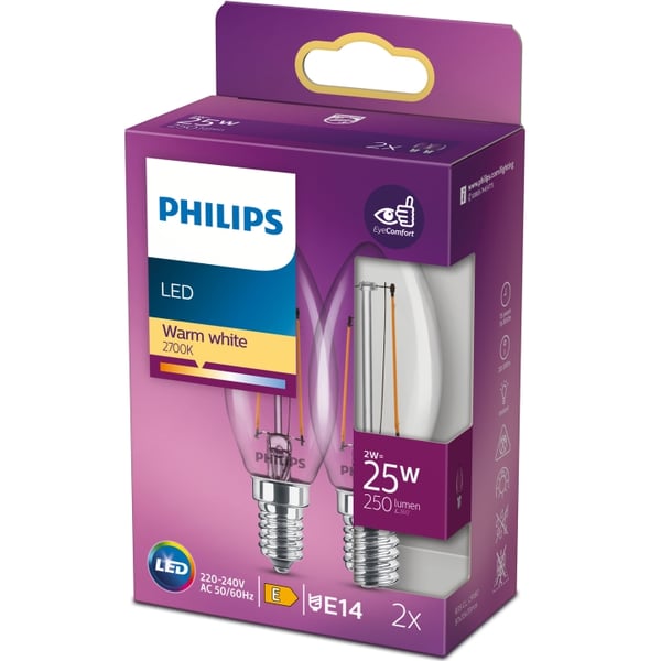 Philips 2-pakning LED E14 Crown 2W (25W) Clear 250lm