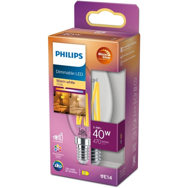Philips LED E14 Crown 3,4W (40W) Clear Dim WarmGlow 470