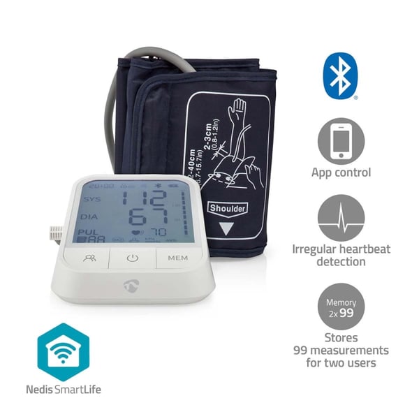 Nedis Smartlife Blodtrykksmåler | Væpne | Bluetooth® | LCD | 22 - 42 cm | Deteksjon av uregelmessig hjerteslag / Deteksjon for mansjettbruk / Hold for
