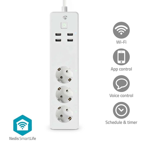 Nedis SmartLife Power Strip | 3x Jordet kontakt (CEE 7/3) / 4 x USB | 16.0 A | 3680 W | 1.80 m | -10 - 40 °C | Android™ / IOS | Hvit